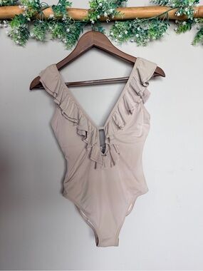 Michael Kors Neutral Beige Ruffle V-Neck One-Piece Swimsuit | size 8